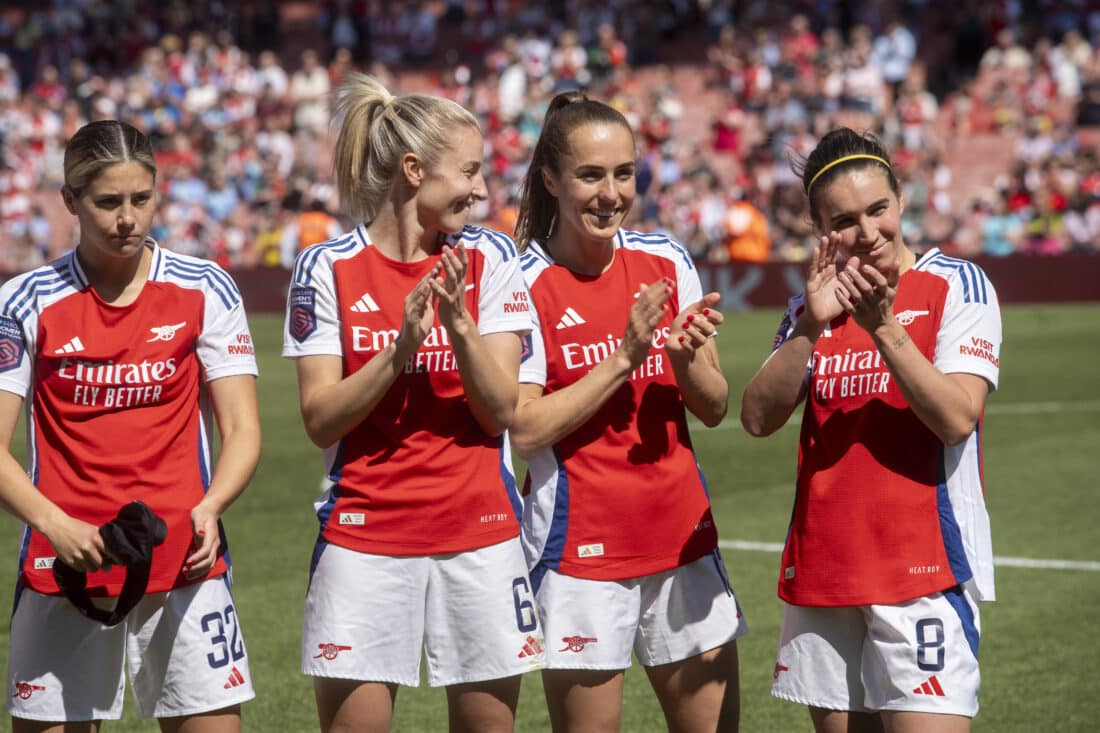 Arsenal players Kyra Cooney-Cross, Leah Williamson, Lia Walti and Mariona Caldentey